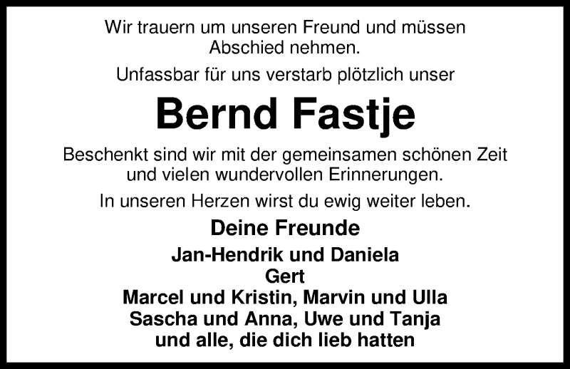  Traueranzeige für Bernd Fastje vom 11.04.2018 aus Nordwest-Zeitung