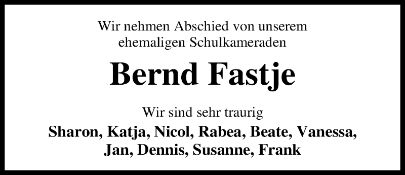 Traueranzeige für Bernd Fastje vom 14.04.2018 aus Nordwest-Zeitung