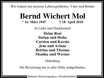 Traueranzeige von Bernd Wichert Mol von Nordwest-Zeitung