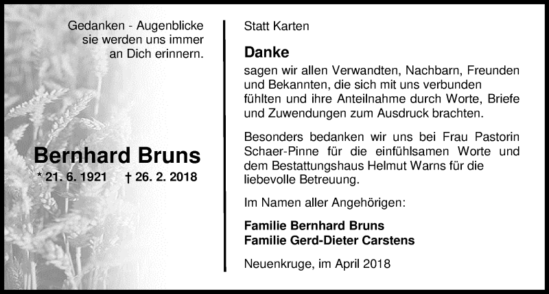  Traueranzeige für Bernhard Bruns vom 06.04.2018 aus Nordwest-Zeitung