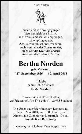 Traueranzeige von Bertha Norden von Nordwest-Zeitung