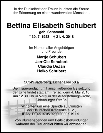 Traueranzeige von Bettina Elisabeth Schubert von Nordwest-Zeitung
