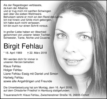 Traueranzeige von Birgit Fehlau von Nordwest-Zeitung