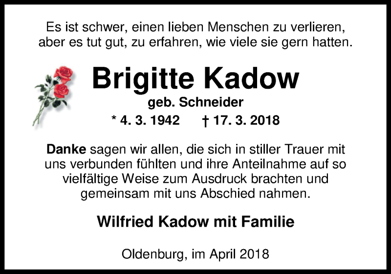  Traueranzeige für Brigitte Kadow vom 28.04.2018 aus Nordwest-Zeitung
