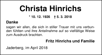 Traueranzeige von Christa Hinrichs von Nordwest-Zeitung