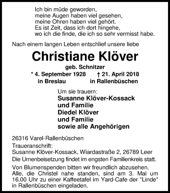 Traueranzeige von Christiane Klöver von Nordwest-Zeitung