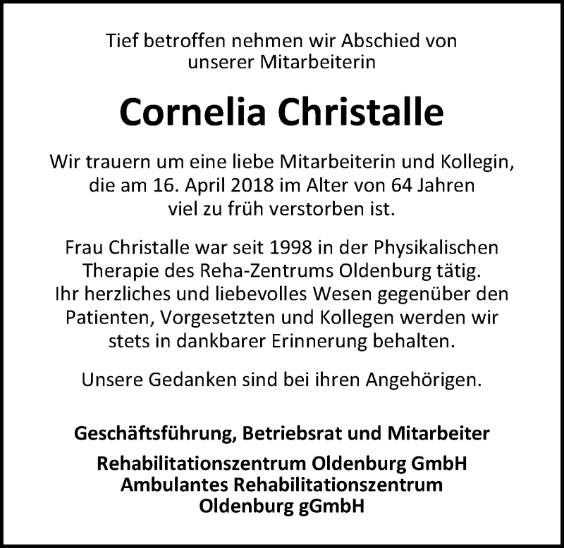  Traueranzeige für Cornelia Christalle vom 25.04.2018 aus Nordwest-Zeitung