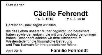 Traueranzeige von Cäcilie Fehrendt von Nordwest-Zeitung