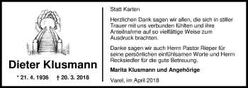 Traueranzeige von Dieter Klusmann von Nordwest-Zeitung