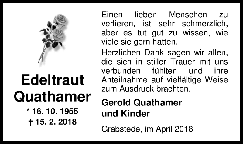  Traueranzeige für Edeltraut Quathamer vom 06.04.2018 aus Nordwest-Zeitung