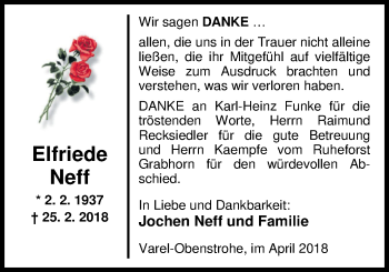 Traueranzeige von Elfriede Neff von Nordwest-Zeitung