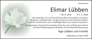 Traueranzeige von Elimar Lübben von Nordwest-Zeitung