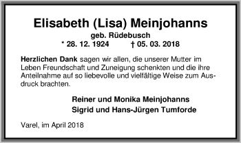 Traueranzeige von Elisabeth Meinjohanns von Nordwest-Zeitung