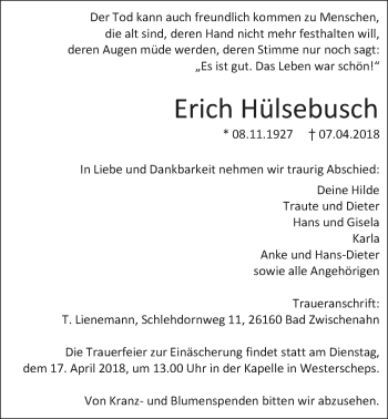 Traueranzeige von Erich Hülsebusch von Nordwest-Zeitung