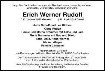 Traueranzeige von Erich Werner Rudolf von Nordwest-Zeitung
