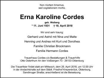 Traueranzeige von Erna Karoline Cordes von Nordwest-Zeitung