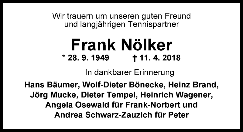  Traueranzeige für Frank Nölker vom 17.04.2018 aus Nordwest-Zeitung