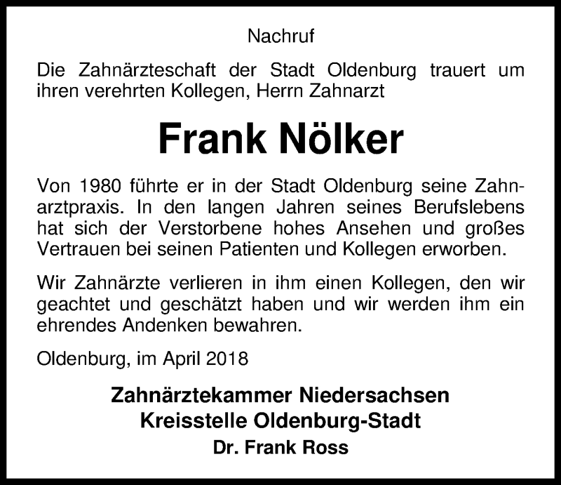  Traueranzeige für Frank Nölker vom 21.04.2018 aus Nordwest-Zeitung