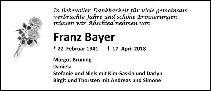 Traueranzeige für Franz Bayer vom 24.04.2018 aus Nordwest-Zeitung