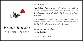 Traueranzeige von Franz Räcker von Nordwest-Zeitung