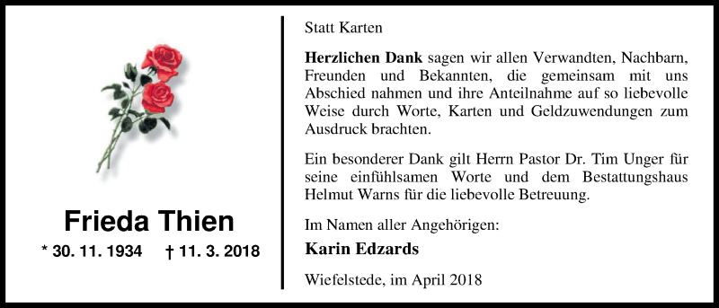  Traueranzeige für Frieda Thien vom 21.04.2018 aus Nordwest-Zeitung