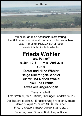 Traueranzeige von Frieda Wöhler von Nordwest-Zeitung