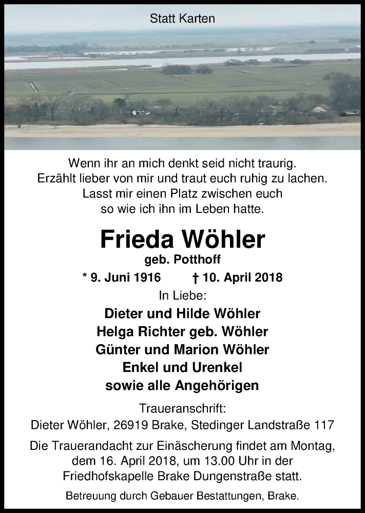  Traueranzeige für Frieda Wöhler vom 12.04.2018 aus Nordwest-Zeitung