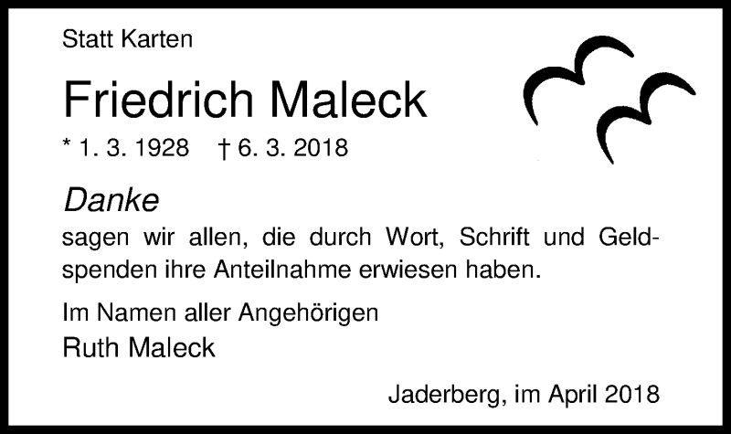  Traueranzeige für Friedrich Maleck vom 21.04.2018 aus Nordwest-Zeitung