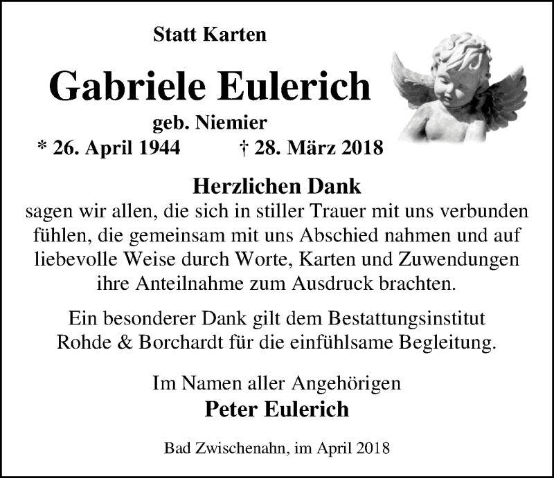  Traueranzeige für Gabriele Eulerich vom 28.04.2018 aus Nordwest-Zeitung
