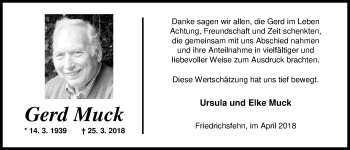 Traueranzeige von Gerd Muck von Nordwest-Zeitung