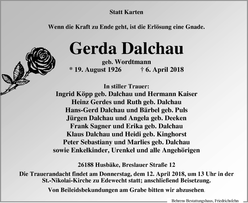  Traueranzeige für Gerda Dalchau vom 10.04.2018 aus Nordwest-Zeitung