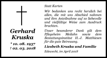 Traueranzeige von Gerhard Kruska von Nordwest-Zeitung