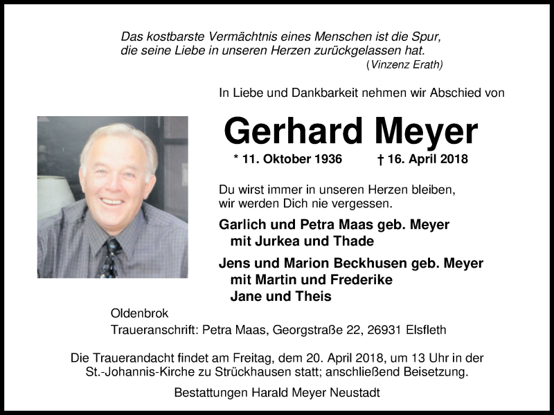  Traueranzeige für Gerhard Meyer vom 18.04.2018 aus Nordwest-Zeitung