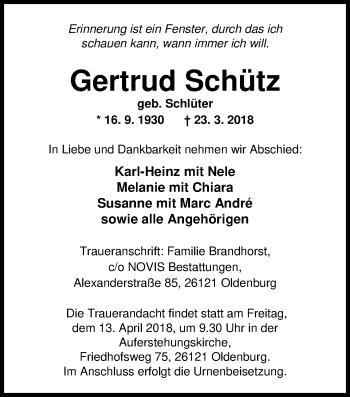 Traueranzeige von Gertrud Schütz von Nordwest-Zeitung