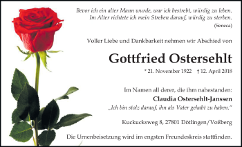 Traueranzeige von Gottfried Ostersehlt von Nordwest-Zeitung