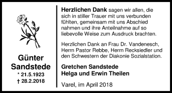 Traueranzeige von Günter Sandstede von Nordwest-Zeitung