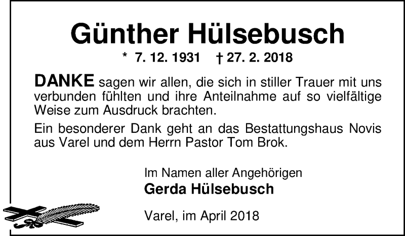  Traueranzeige für Günther Hülsebusch vom 20.04.2018 aus Nordwest-Zeitung