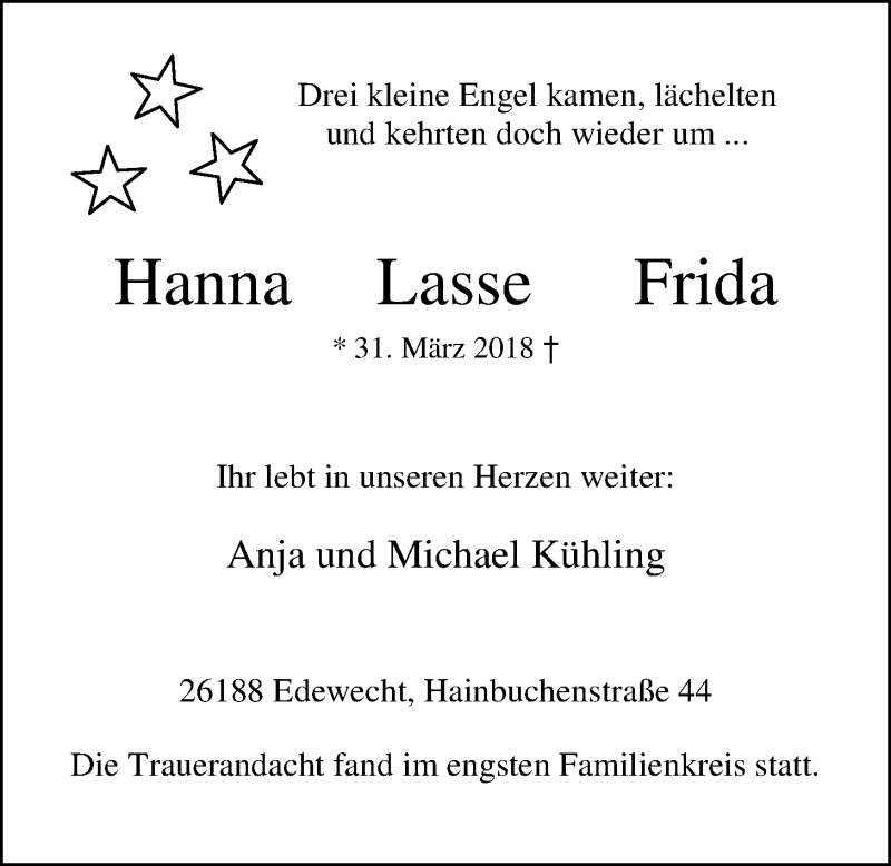  Traueranzeige für Hanna, Lasse, Frida Kühling vom 07.04.2018 aus Nordwest-Zeitung