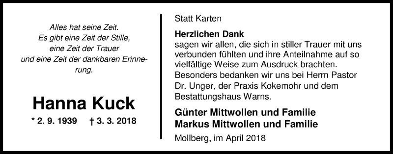  Traueranzeige für Hanna Kuck vom 14.04.2018 aus Nordwest-Zeitung
