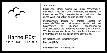 Traueranzeige von Hanne Rüst von Nordwest-Zeitung