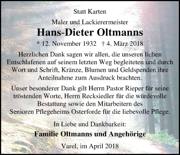 Traueranzeige von Hans-Dieter Oltmanns von Nordwest-Zeitung