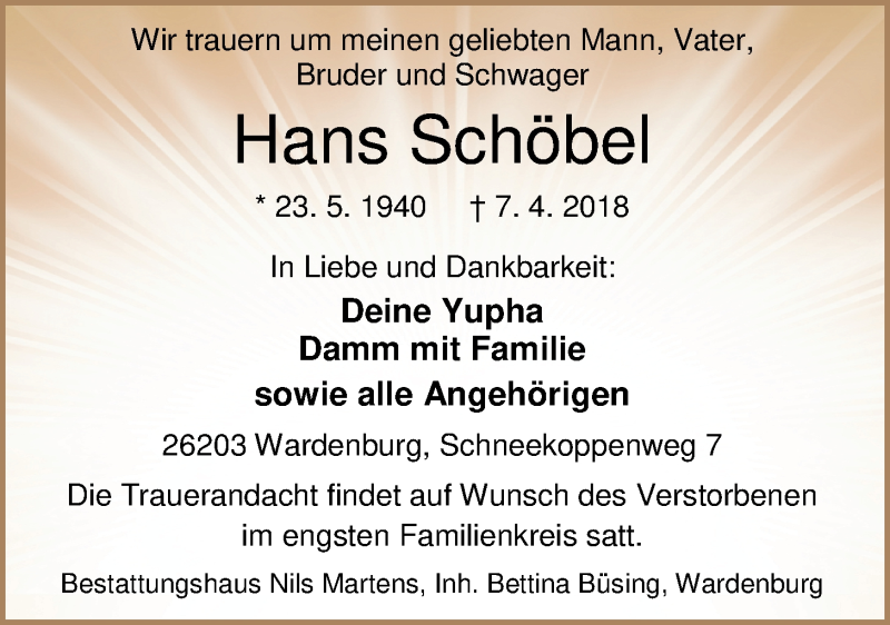  Traueranzeige für Hans Schöbel vom 12.04.2018 aus Nordwest-Zeitung