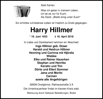 Traueranzeige von Harry Hillmer von Nordwest-Zeitung