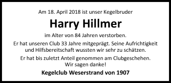 Traueranzeige von Harry Hillmer von Nordwest-Zeitung