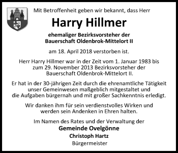 Traueranzeige von Harry Hillmer von Nordwest-Zeitung