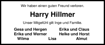 Traueranzeige von Harry Hillmer von Nordwest-Zeitung