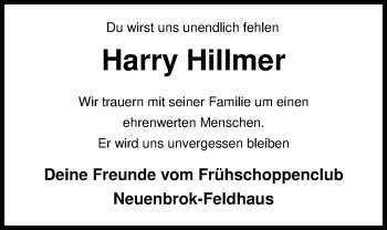 Traueranzeige von Harry Hillmer von Nordwest-Zeitung