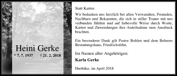 Traueranzeige von Heini Gerke von Nordwest-Zeitung