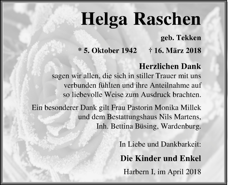  Traueranzeige für Helga Raschen vom 18.04.2018 aus Nordwest-Zeitung