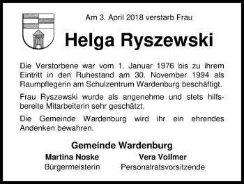 Traueranzeige von Helga Ryszewski von Nordwest-Zeitung